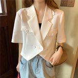 Poshoot White Short Sleeve Blazer Jacket Ladies 2024 Summer Thin Buttons Notched Collar Suit Coat Women Wild Cropped Outwear Tops Woman