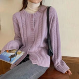 Poshoot Korean Fashion Round Neck Cardigan Women Long Sleeve Twist Knit Sweater Coat Woman Solid Color Chic Cardiagns Female