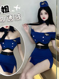 Poshoot Fashion Uniform Blue Skirts Set Female Sexy Flight Attendant Uniform Sexy Hot Gown Bandage Off Shoulder Top Jk Uniform 8TLR