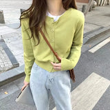 Poshoot Green Round Neck Sweater Women 2024 Single Breasted Knitted Crop Cardigan Woman Korean Wild Long Sleeve Jumper Ladies