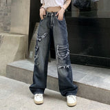 Poshoot Streetwear Ripped Baggy Jeans Woman High Waist Wide Leg Denim Trousers Women 2023 Harajuku Loose Straight Jeans Female