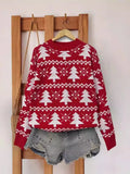 Poshoot Women's Christmas Loose Sweaters Christmas Tree Print Long Sleeve Round Neck Knitwear Pullovers