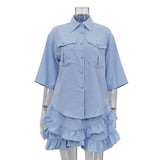 Talenza Ruffled Skirt Suit Women's Fashion Lapel Short Sleeve Shirt Top Pleated A-Line Skirt Two-piece Set Female Dress Sets Y2k