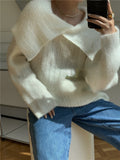 Poshoot Long Sleeve Loose Knitted Tops Women Korea Fashion Elegant Sweater Office Lady Autumn Pure Color Pullover Chic Y2k Clothes