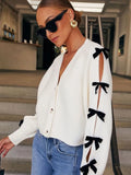 Poshoot Chic Open Shoulder Sleeve Butterfly Knot Knitted Sweater Women Hollow Out V-neck Solid Knitwear New full Fashion Casual Cardigan