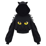 Poshoot Y2k Gothic Womens Hoodie Cat Ear Crop Top Hooded Sweatshirt Hollow Out Lace Up Long Sleeve Hodded Casual Pullover Autumn