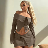 Poshoot Women's Short Skirt 2-piece Fall Solid Cardigan Button Short Long Sleeve Top Slim Skirt Set Sexy Street Female Skirt Set