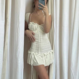 Poshoot Vitnage Draped White Mini Dress Y2K Fairycore Shirring Ruffles Sundress Retro Spaghetti Strap Dress Chic Women French Romantic