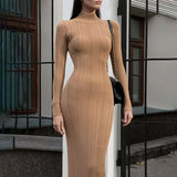 Poshoot Tight Knitted Long Dress Women's Autumn Solid Long Sleeve Knitted Dress High Neck Elegant Slim Ribbed Knitted Long Dress