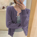 Poshoot Solid Color Knitted Cardigan Women Korean Single Breasted Long Sleeve Jumper Woman Round Neck All Match Cardigans Outwear