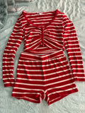 Poshoot Women Red/Green Christmas Pajama Set Casual Striped Long Sleeve Buttons Cropped Shirt and Shorts Sleepwear 2 Piece Loungewear