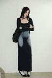 Poshoot-2024 Y2K Sexy Long Sleeved Print Design Long Dress Elegant Slim Square Necked Dress Woman Street Style Wrapped Hip Skirt