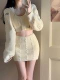 Poshoot Autumn Elegant 3 Piece Skirt Set Women Casual Long Sleeve Cardigan + Sexy Bodycon Y2k Crop Tops + Mini Skirts Knitted Suits