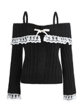 Poshoot Women Off Shoulder Top Y2K Long Sleeve Lace Trim Knit Shirt Fashion Cute Solid Pullover Sweater