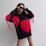 Poshoot Heart Print Sweater Women's O-Neck Long Sleeve Pullover Sweater Casual Knitted Tassel Sweater Loose Women's Streetwear