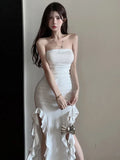 Poshoot White Robe Long Dress Elegant 2023 Sexy Off Shoulder Slim Wrapped Chest Split Mid Length Dress Fashion Korean Women Tops H8OG