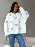 Poshoot Casual Heart Print Sweater Pullovers For Women Long Sleeve O Neck Fashion Loose Kniited Top Autumn Winter 2024 Streetwear