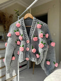 Poshoot Women Knit Cardigan Long Sleeve Flowers Button Closure Fall Casual Jacket Sweater