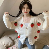 Poshoot Strawberry Decor Knitted Cardigan Women Chic Long Sleeve Sweet Cardigans Woman Korean Lazy Wind Short Sweater Coat Female