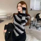 Poshoot Fashion Slim Fit Striped Sweaters Women 2024 Irregular Hem Long Sleeve Knitwear Woman Round Neck Stretch Jumpers Female