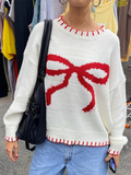 Poshoot Women Cute Bow Printed Sweater Crewneck Oversized Knit Jumper Top Long Sleeve Pullover Sweater Knitwear