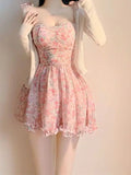 Poshoot Sweet New Pink Sexy Dress Sweet Fresh Style Fragmented Flowers Print Waist Wrapped Slim Student Summer Short Lovely 2024 7DSB