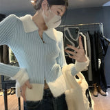 Poshoot Patchwork Turn Down Collar Cardigan Women Korean Fashion Zipper Up Cardigans Woman Chic Long Sleeve Slim Jumpers Female