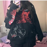 Poshoot Fairy Grunge Skull Print Long Sleeve Hooded Tops y2k Aesthetic Hoodie Oversize Clothes Streetwear Gothic Sweatshirt Women