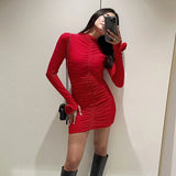 Poshoot Red Pleated Floral Mini Dress Women's Solid Long Sleeve O Neck Slim High Waist Dress Party Club Sexy Mini Dress Outfit