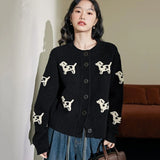 Poshoot Korean Cute Dog Printed Black Cardigans Women Round Neck Knit Cardigan Sweater Woman Autumn Winter Single Breasted Short Coats