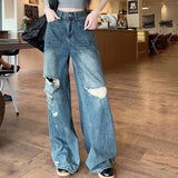 Poshoot American Vintage Hole Y2K Jeans Women 2024 High Waist Wide Leg Denim Pants Woman Hip Hop Streetwear Baggy Loose Straight Trouser