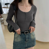 Poshoot Women Buttons Long Sleeve T Shirt 2024 Spring Basic Solid Color Slim Fit Shirts Female Streetwear Low Collar Pullovers Woman