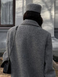 Poshoot Fashion Grey Oversized Woolen Overcoat Chic Lapel Long Sleeve Double Breasted Long Coats 2024 Autumn Female Warm Street Coat