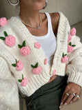 Poshoot Women Knit Cardigan Long Sleeve Flowers Button Closure Fall Casual Jacket Sweater