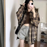 Poshoot Vintage Plaid Shirts Women Spring Summer Long Sleeve Oversize Button Up Shirt Woman Korean Fashion Turn Down Collar Outwear Tops