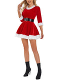 Poshoot Women Red Christmas Dress Santa Cosplay Costume Plush Trim Velvet Round Neck 3/4 Sleeve A-line Belt Dresses with Hat Outfit 2024