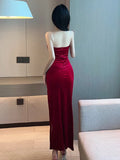 Poshoot 2023 Summer Women's Sexy Temperament ceremonial dress Wrapped Chest backless High Split Velvet Wrapped Hip Red Long Dress FQ4B