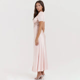 Poshoot-Suninheart Wedding Guest Dresses Women 2023 Autumn Pink Elegant Short Sleeve Lace Party Dresses Long Maxi Formal Occasion Dress