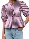 Poshoot Women Shirts Summer Blouse Striped Print Short Puff Sleeve Front Tie-up Loose Casual Shirts Crop Tops Streetwear 2024