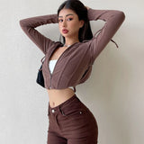 Poshoot Casual Solid Color Hooded Cardigan Women Long Sleeves Y2K Slim Fit Crop Tops Woman 2023 New Zipper Up Streetwear Tees Top