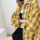 Poshoot 2023 Fashion Blue Oversize Plaid Shirt Women Spring Summer Long Sleeve Blouse Woman All Match Turn Down Collar Shirts Ins