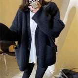 Poshoot Autumn Winter Simple Loose Cardigan Women Korean Fashion V Neck Knitted Outwear Woman All-Match Students Sweater Cardigan