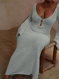 Poshoot-V-neck Hollowed Out Sexy Dress, Knitted Tight Fitting Long Sleeved Autumn and Winter New 2023 Fashion Casual Perspective Elegant