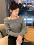 Poshoot Sweet off-Shoulder Knit Sweater Women Elegant High Sense Slimming Fairy Clavicle Hanging Neck Top Female Spring Autumn Dailywear