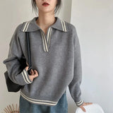 Poshoot College Wind V Neck Knit Sweaters Women Korean Fashion Loose Long Sleeve Knitwear Woman Chic Turn Down Collar Jersey Tops