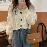 Poshoot V Neck Cropped Cardigan Women Long Sleeve Twist Knitted Sweater Coats Woman Korean Fashion Solid Color Button Up Cardigan