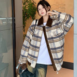 Poshoot 2024 New American Retro Plaid Jacket Women Corduroy Patchwork Long Sleeve Woolen Coat Woman Fashion Design Zipper Warm Jacket