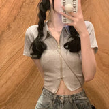 Poshoot Streetwear Zipper Up T-Shirt Cardigan Women Harajuku Y2K Turn Down Collar Slim Crop Top Woman 2024 Summer Short Sleeve Tee Shirt