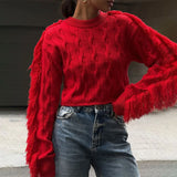 Poshoot Knitted O-Neck Sweater Women's Autumn Winter Fashion Tassel Long Sleeve Short Solid Slim Top Casual Streetwear Pullover