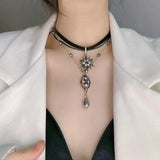 Poshoot-Neo-Gothic Crystal Multi-Layer Leather Necklace Exquisite Star Water Drop Choker Necklace for Women Girls Party Wedding Jewelry